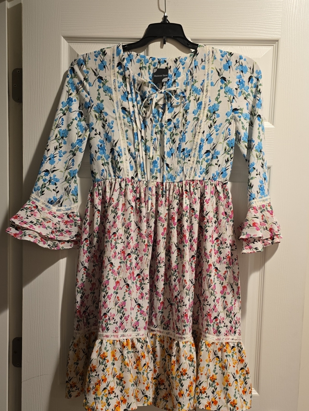Maison Tara Floral Tiered Midi Dress in Blue, Pink & Yellow - Picture 1 of 4
